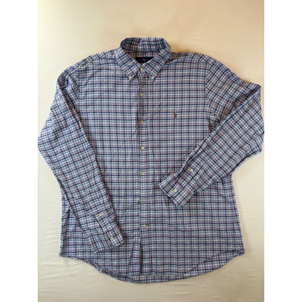 Ralph Lauren Mens XL Plaid Button Down Shirt Blue Red White Cotton Long Sleeve